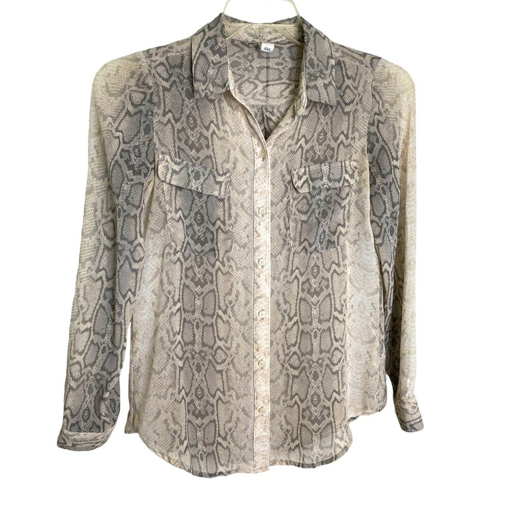 Old Navy XS Snake Print Blouse Beige Gray Python Button Front Sheer Long Sleeve